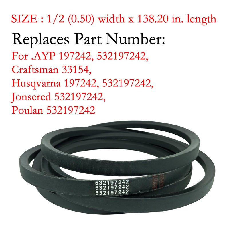 CTPOWER Replaces 532197242 Lawn Mower Deck Belt for Husqvarna YTH24V48 YTH24K48 YTH2348 YTA24V48 48 Inch 197242 Craftsman Poulan/Aramid Cord / 138.20 inches - Image 2